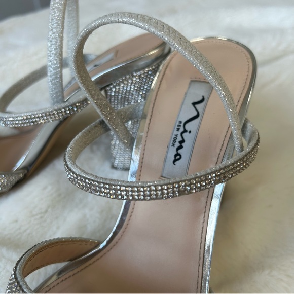 NINA Sarah Rhinestone Block Heel Sandal in Silver - Picture 3 of 6